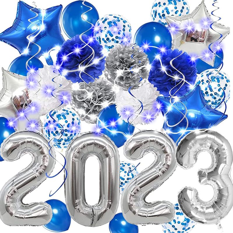 Photo 1 of 2023 Graduation Decorations Silver and Blue - 40 Inch Silver 2023 balloons, Blue Silver Paper Pompoms Blue Confetti Balloons, Star Balloons and LED Lights for Graduation Party Class of 2023 Party Decorations
