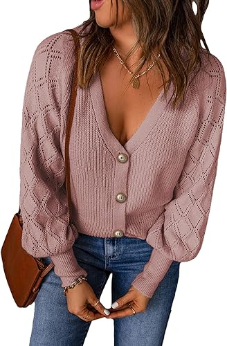 Photo 1 of EVALESS Cardigan for Women V Neck Crochet Patchwork Long Sleeve Button Down Solid Knit Cardigan Sweaters --MED