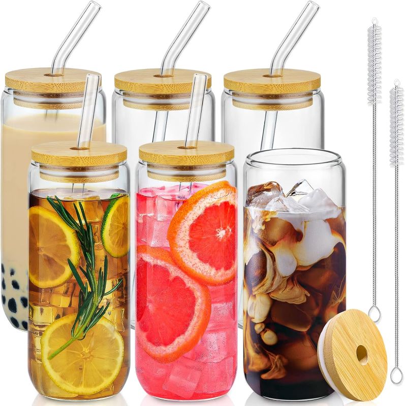 Photo 1 of 20 Oz Drinking Glasses with Bamboo Lids and Glass Straw - 6 Pcs Can Shaped Glass Cups Beer & Ice Coffee Glasses Cute Tumbler Cup Great for Soda Boba Tea Cocktail Include 2 Cleaning Brushes
