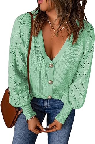 Photo 1 of EVALESS Cardigan for Women V Neck Crochet Patchwork Long Sleeve Button Down Solid Knit Cardigan Sweaters--2XL