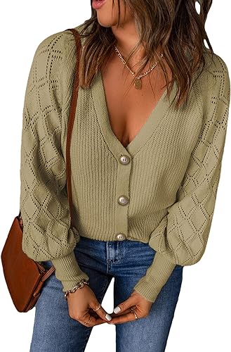 Photo 1 of EVALESS Cardigan for Women V Neck Crochet Patchwork Long Sleeve Button Down Solid Knit Cardigan Sweaters--LARGE