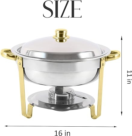 Photo 1 of Restlrious Chafing Dish Buffet Set Stainless Steel Round Chafers and Buffet Warmers Sets 5QT 4 Pack, Complete Set for Buffet Catering w/Water Pan, Food Pan, Fuel Holder and Lid in Gold Accent