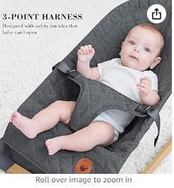 Photo 1 of ANGELBLISS Baby Bouncer, Portable Bouncer Seat for Babies, Infants Bouncy Seat with Wood Grain Base, Natural Vibrations (Grey)