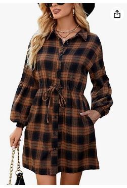 Photo 1 of Blooming Jelly Womens Plaid Dress Flannel Puff Sleeve Dress Button Down Casual Dresses for Women 2023 with Pockets (S)