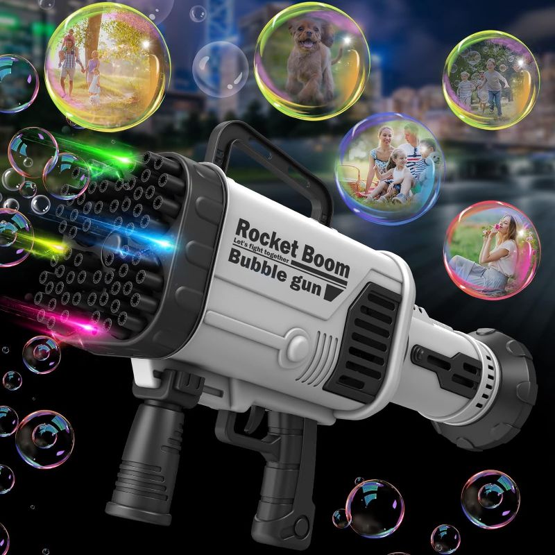 Photo 1 of AZfiner Bubble Machine Gun - 64 Holes Bubble Machine with Lights Electric Bubble Maker with Bubble Solution Bubble Blower Summer Toys for Kids Bubble Guns for Wedding Birthday Party - Black
