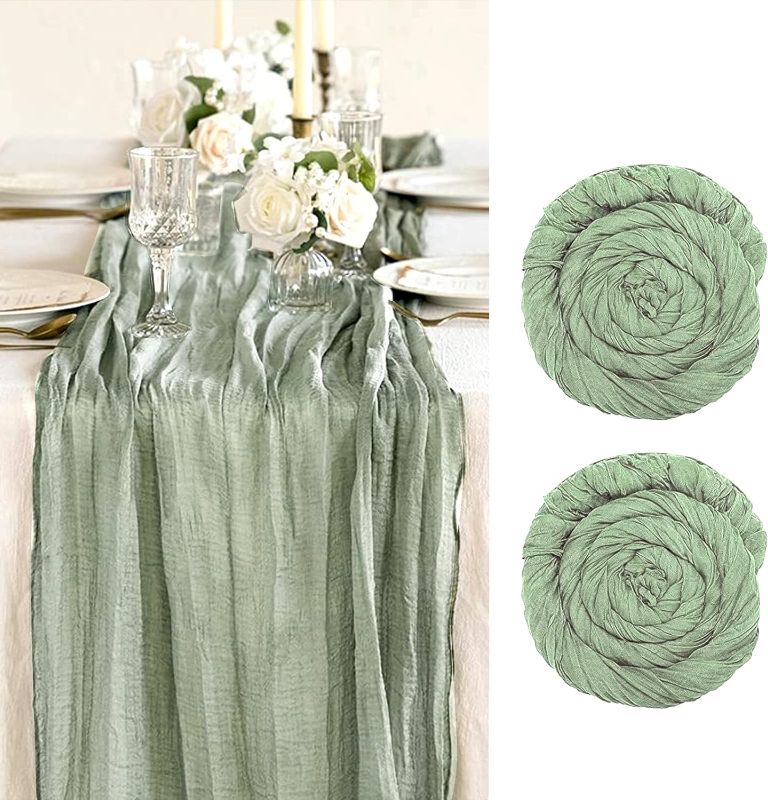 Photo 1 of 2 Pack Cheesecloth Table Runner, 10ft Sage Green Cheesecloth Table Runners 35 x 118 INCH Boho Gauze Table Runner Decor for Wedding Bridal Baby Shower Birthday
