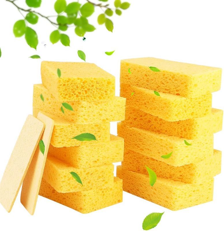 Photo 1 of 12-Count Cleaning Scrub Sponge- Compressed Cellulose Sponges Non-Scratch Natural Sponge for Kitchen Bathroom Cars, Funny Cut-Outs DIY for Kids (Yellow)