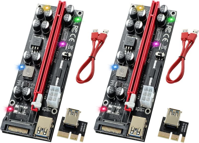 Photo 1 of 2 Pack PCIE Riser Adapter Card with 10 Capacitors, Express GPU Riser Mining 16x to 1x Graphics Extension Powered Card for GPU Ethereum Risers Mining with RGB LED Light & 60cm USB 3.0 Extension Cable
