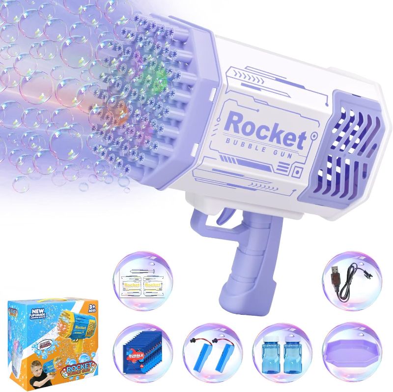 Photo 1 of  Bubble Gun Rocket 69 Holes Soap Blaster Machine, Bazooka Bubble Launcher Blower Toys for Kids Outdoor Indoor, Bubble Maker for Party Birthday Wedding(Purple)