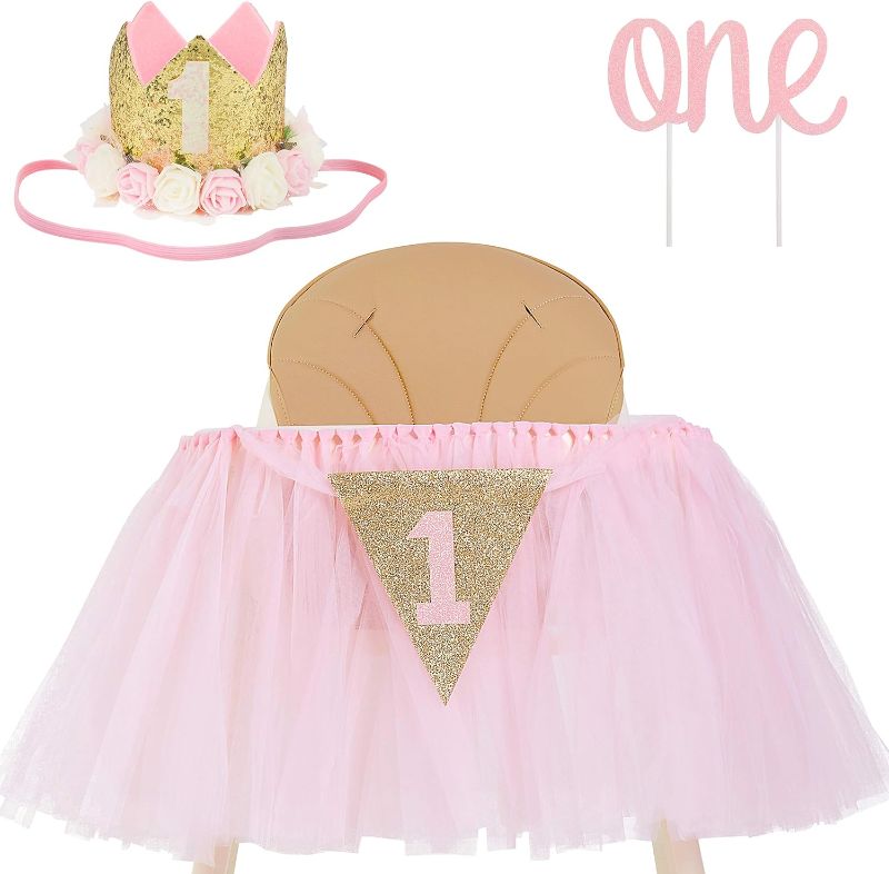 Photo 1 of 1st Birthday Girl Decoration High Chair Tutu Skirt WITH No.1 Crown -1st Birthday Decorations Cake Smash for Baby Girls - First Birthday Banner, Princess Crown and 'ONE' Cake Topper in Baby Pink n Gold