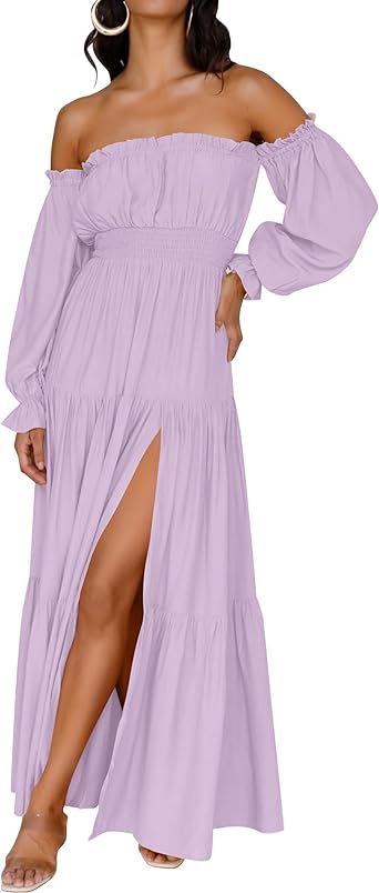 Photo 1 of ZESICA Women's 2024 Boho Sexy Off Shoulder Long Sleeve Smocked High Waist Side Split Flowy A Line Tiered Long Maxi Dress 