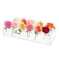 Photo 1 of Acrylic Flower Vase Rectangular, Clear Acrylic Flower Vase Rectangular Floral Centerpiece, Long Rectangular Vase for Home Decor or Weddings (12 Holes+2 LED Light Strip)