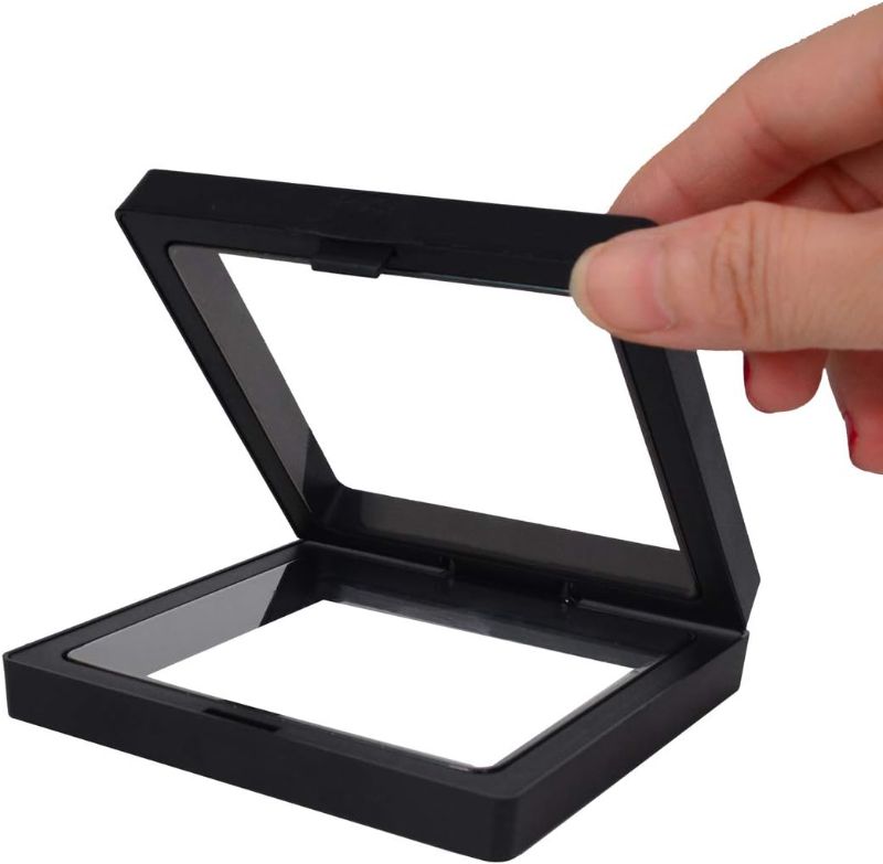 Photo 1 of Bleiou 10 Pack 3D Floating Display Frame Stand Holder Coin Chip Jewelry Pin Display Stand Box (Black, 3.54 x 3.54 x 0.75inch) Style E