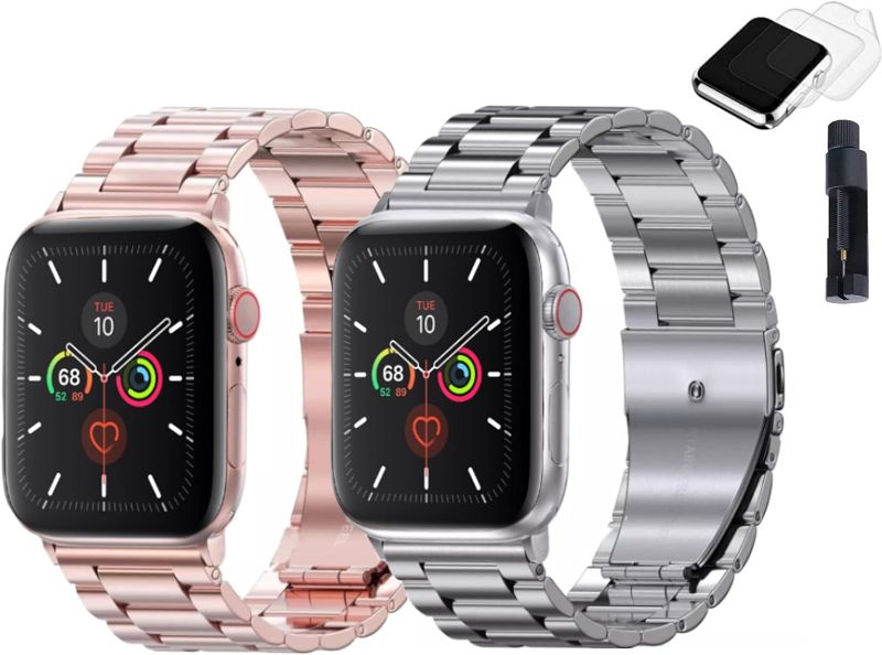 Photo 1 of [2 Pack] Metal Stainless Steel Bands Compatible with Apple Watch Bands 45/44/42/41/40/38mm for Women Men, Upgraded Metal Link Watch Band for iWatch 7/6/5/4/3/2/1/SE