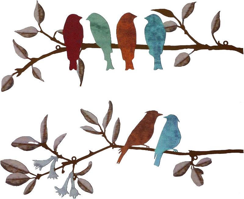 Photo 1 of 2 Pcs Metal Birds Wall Art Vivid Birds on Branch Metal Birds Wall Decor Hanging Leaves with Birds Outdoor Wall Decor Rustic Bird Decor Leaf Wall Decor or Balcony Garden Indoor Outdoor Decor(Colorful)
