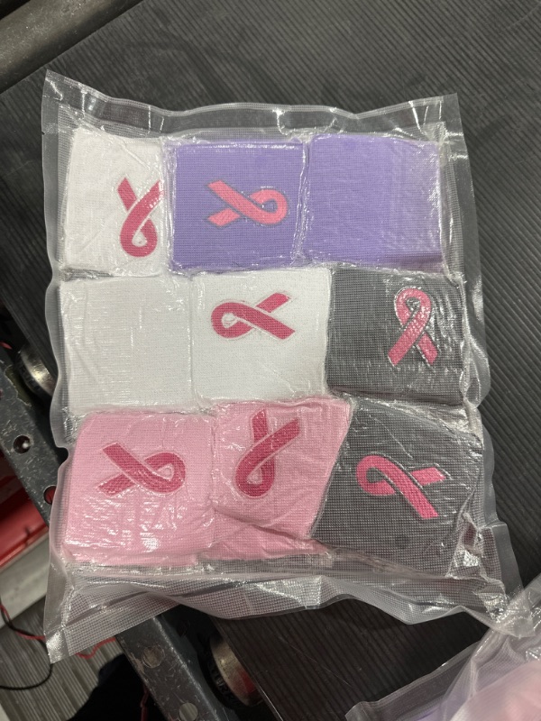 Photo 2 of 16 Pack Breast Cancer Awareness Wristbands Pink Ribbon Sweatbands for Women and Men Breast Cancer Sports Basketball Baseball Running Bands Sweat Bands Sports Wrist
