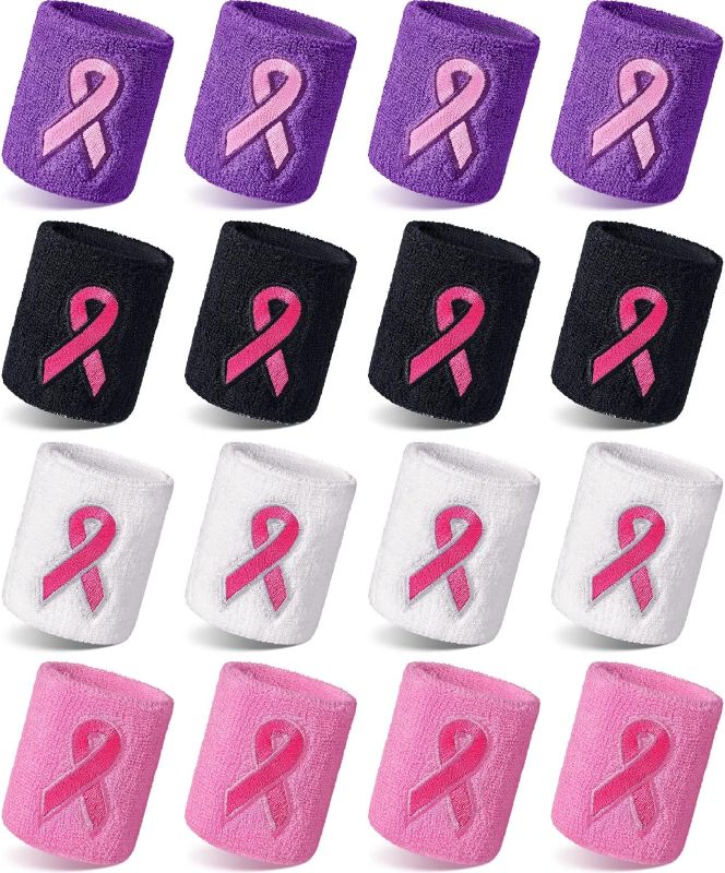 Photo 1 of 16 Pack Breast Cancer Awareness Wristbands Pink Ribbon Sweatbands for Women and Men Breast Cancer Sports Basketball Baseball Running Bands Sweat Bands Sports Wrist
