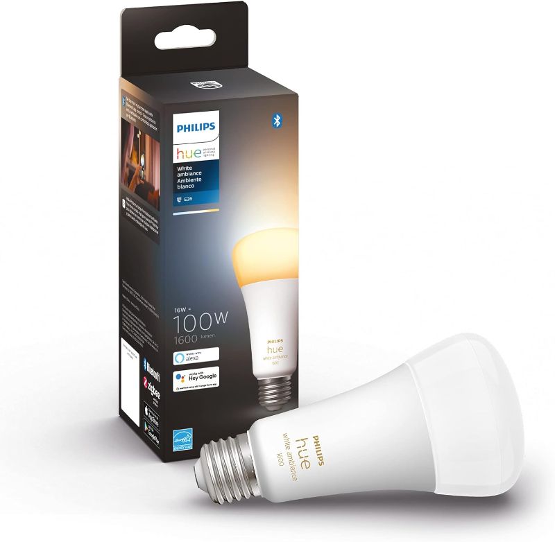 Photo 1 of Philips Hue White Ambiance A21 High Lumen Smart Bulb, 1600 Lumens, Bluetooth & Zigbee Compatible (Hue Hub Optional), Compatible with Alexa & Google Assistant
