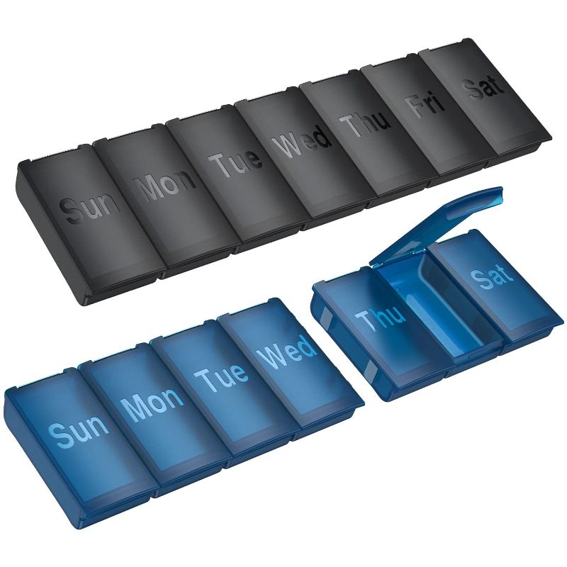 Photo 1 of 2 Pack Weekly Pill Organizer, Large Daily Vitamin Pill Box,Portable Travel Friendly 7 Day Pill Containers Medicine Holder (Black+Blue)