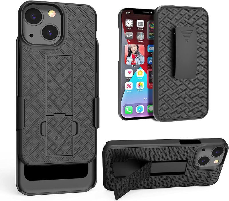 Photo 1 of HIDAHE Holster Case Compatible with iPhone 13 Mini 5.4'', Combo Shell & Holster Slim Shell Case for Men with Built-in Kickstand + Swivel Belt Clip Holster for Apple iPhone 13 Mini 2021 ONLY , Black
