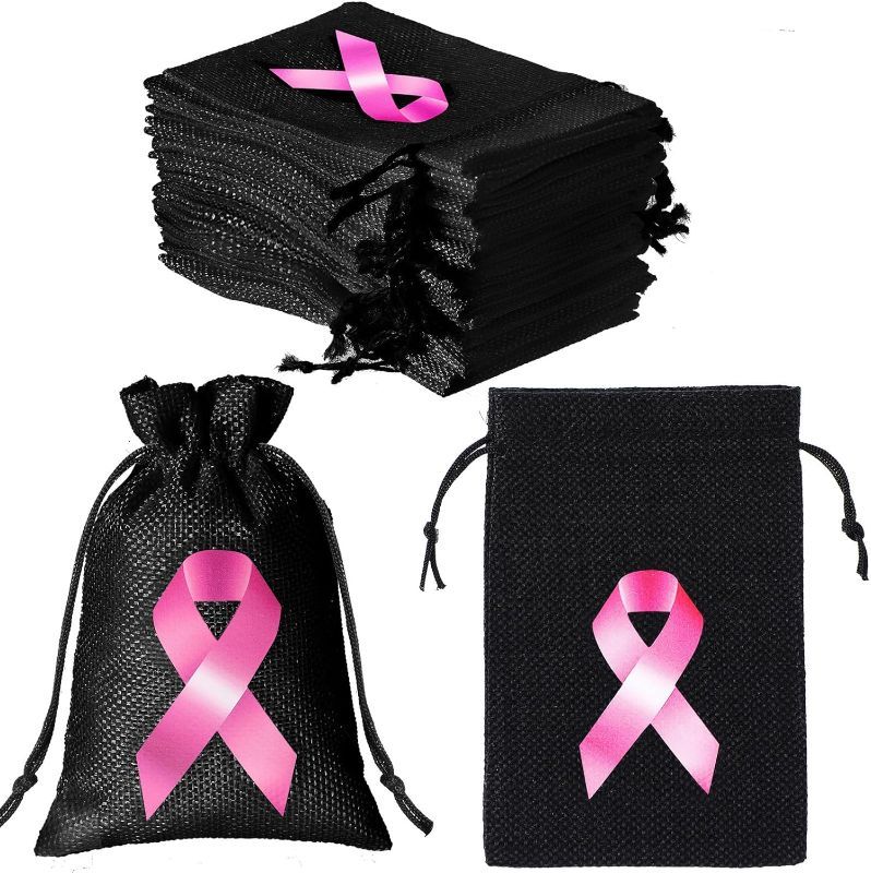 Photo 1 of 24 Pieces Breast Cancer Awareness Linen Burlap Bag, Pink Ribbon Burlap Gift Bags for Kids Party Supply, Pink Ribbon Drawstrings Candy Pouch, Breast Cancer Treat Bags (Black)
