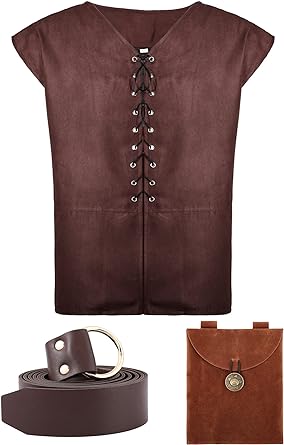 Photo 1 of 3 Pcs Renaissance Accessories Set Gothic Pirate Vest Medieval Leather Belt Suede Jewelry Belt Pouch for Men Costume Dark Brown HALLOWEEN