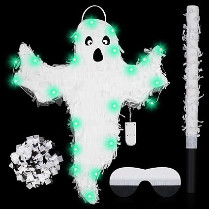 Photo 1 of 15.9 Inch Spooky Ghost Pinata Halloween Mexican Pinatas with String Light, Pinata Stick Confetti and Blindfold for Boys Girls Halloween Party Favor Birthday Decoration Gifts Toy Treats Candy Holder 