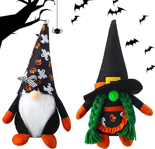 Photo 1 of 2 Pieces Halloween Gnomes Plush Decor, Vintage Halloween Swedish Doll, Halloween Handmade Ornaments Halloween Tomte Scandinavian Fall Gnomes Decor Plush Table for Home (Classic Style) 