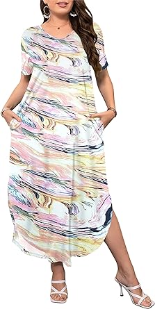 Photo 1 of 16W KARALIN Women's Plus Size Summer Maxi Dress V Neck Casual Short Sleeve Split Loose Long Dresses with Pockets 