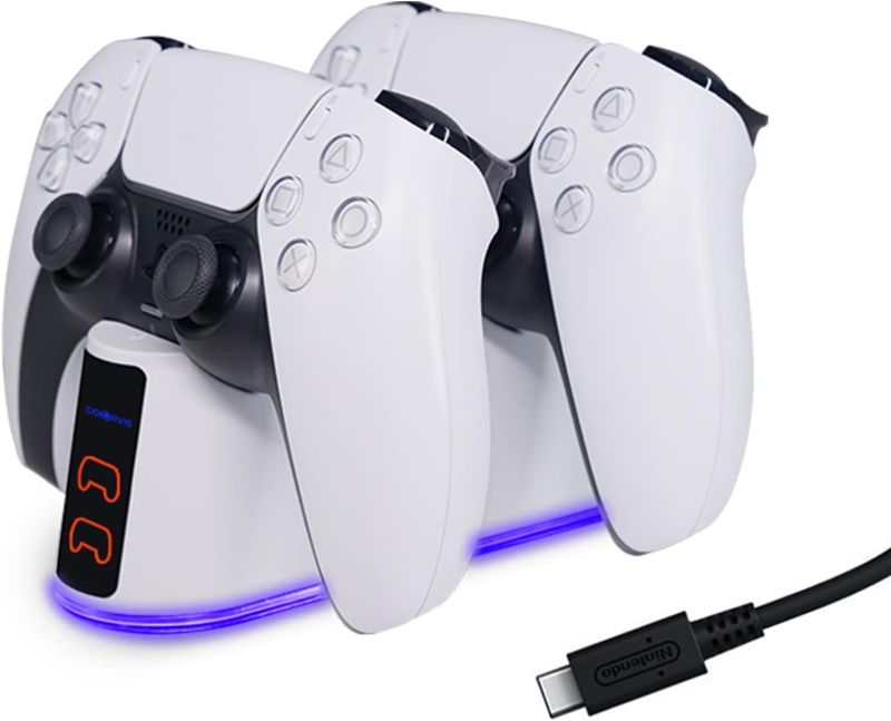 Photo 1 of COIORVIS PS5 Controller Charging Station, PS5 Charging Station with Charging Cable for Playstation 5 Controller, Playstation 5 Charging Stand for Dualsense with LED Indicator, White