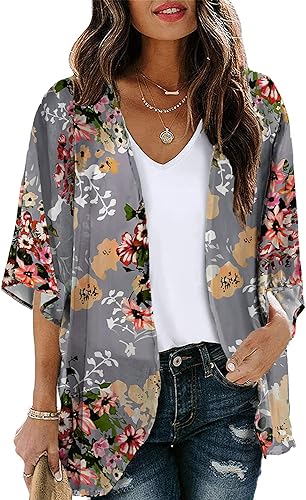 Photo 1 of Chunoy Women Floral Print Lightweight Chiffon Kimono Cardigan Short Sleeve Loose Beach Wear Cover Up Blouse Top size SMALL