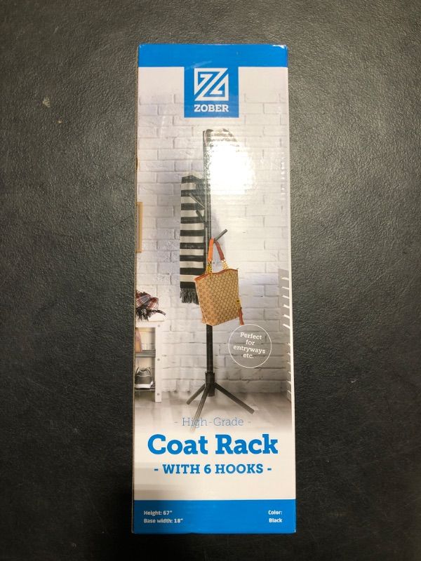 Photo 2 of ZOBER Coat Rack Free Standing - Wooden Coat Tree W/ 6 Hooks - Coats, Purses, Hats - Adjustable Sizes, Easy Assembly - Black
