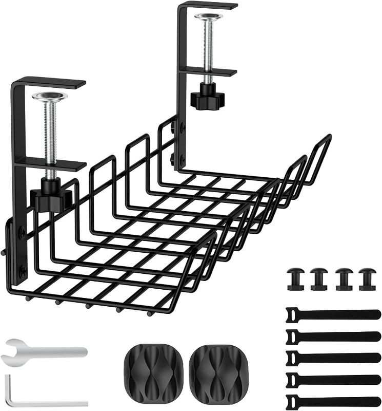 Photo 1 of 15.7‘’ Under Desk Cable Management Tray,No DrillWire Management Tray, Cable Management Under Desk,Steel Desk Cable Organizers,Desk Cable Management,Cord Management,Under Desk Organizer(Black) 