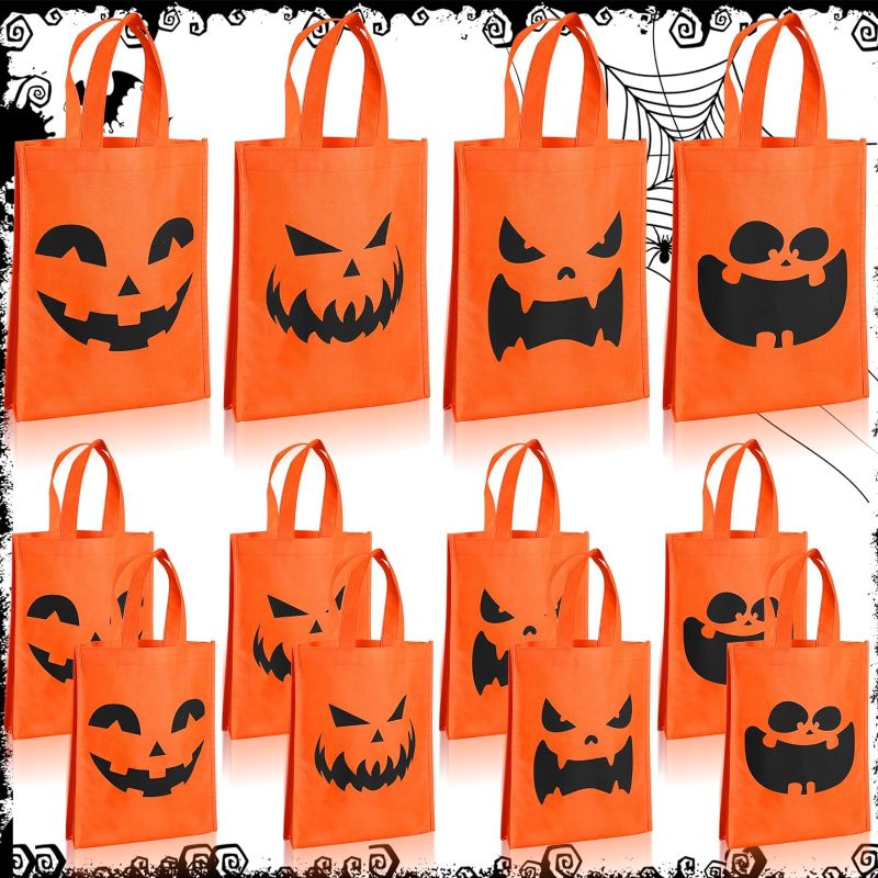 Photo 1 of Abbylike 12 Pcs Halloween Non Woven Bags Reusable Tote Gift Bags with Handle Pumpkin Bags Trick or Treat Tote Bags Halloween Candy Goodie Bags Gift Party Favors, 11.8'' x 9.5"(Orange)