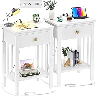 Photo 1 of Hoiplu White Nightstand with Charging Station Set of 2, Bamboo Night Stand Bedside Table with 2 USB Port and Outlet, Real Wood End Table Farmhouse Side Table with Drawer for Bedroom, Living Room