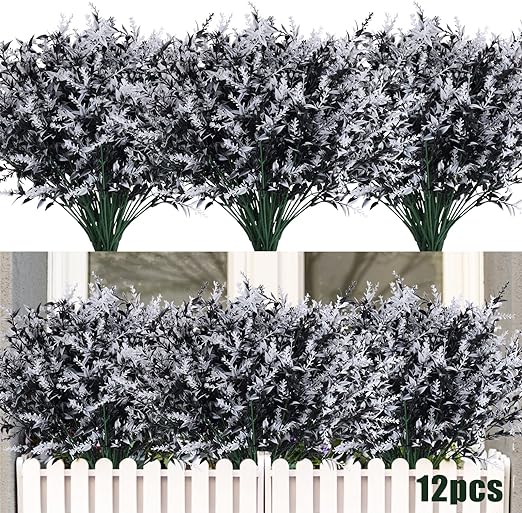 Photo 1 of 56 Bundles Artificial Flowers Outdoor Fake Flowers UV Resistant Plants Faux Plastic Greenery Shrubs Plants for Hanging Garden Porch Home Window Box Vase Planter Decoration Grey Black and White