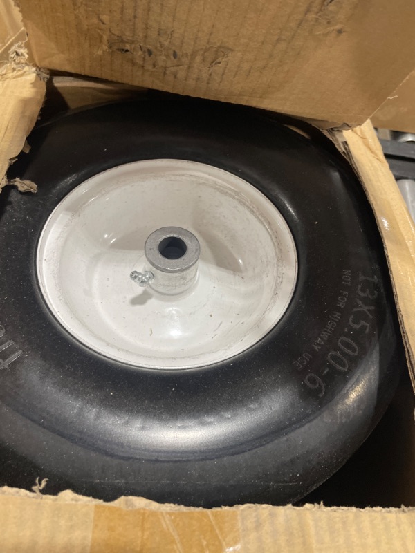 Photo 2 of 2 PCS Upgrade 13x5.00-6" Flat Free Lawn Mower Smooth Tire, Commercial Grade Lawn and Garden Mower Turf Replacement Solid Tire and Wheel with Steel Rim, 3/4" Grease Bushing and 3.25"-5.9" Centered Hub