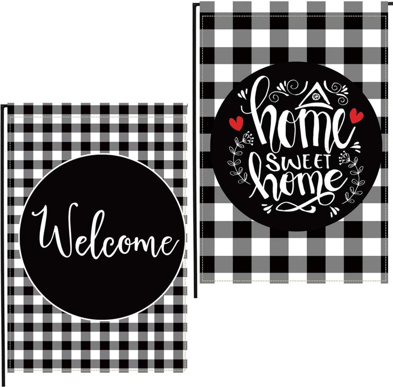 Photo 1 of COSKAKA Home Decorative Welcome Home Sweet Home Garden Flag, Buffalo Plaid Check House Yard Outdoor Flag Black and White, Burlap Spring Summer Outside Farmhouse Holiday Flag 12.5 x 18