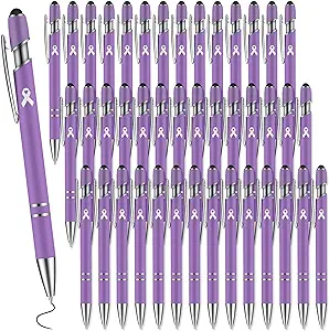 Photo 1 of Ctosree 100 Pack Breast Cancer Awareness Pen Pink Ribbon Pens Bulk Ovarian Cancer Awareness Products Childhood Cancer Black Ink Metal Pens for Public Events(Purple, Pink Ribbon) 