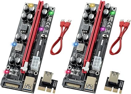 Photo 1 of 2 Pack PCIE Riser Adapter Card with 10 Capacitors, Express GPU Riser Mining 16x to 1x Graphics Extension Powered Card for GPU Ethereum Risers Mining with RGB LED Light & 60cm USB 3.0 Extension Cable
