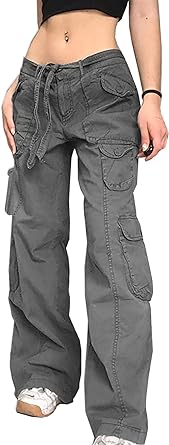 Photo 1 of DUKBUBI Women Cargo Pants Low-Waist Baggy Lounge Pants Hippie Multiple Pockets Streetwear(Please Order a Size up) SIZE M