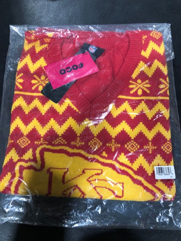 Photo 1 of FOCO NFL Womens NFL Team Logo Ugly Holiday V-Neck Sweater Kansas City Chiefs 9-599 Team Color SIZE XL