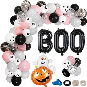 Photo 1 of 130Pcs Halloween Balloon Arch Garland Kit, Pink Black Silver Halloween Balloons Arch with BOO Foil Balloons Pumpkin Ghost Balloons for Baby Girls Halloween Baby Shower Birthday Party Supplies