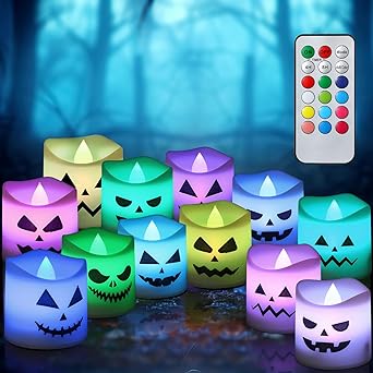 Photo 1 of 12 Pcs Halloween Flameless Votive Candles Battery Operated Remote Timer Color Changing LED Tealight Candles for Home Halloween Party Decorations, Battery Included, 1.5" x 2" 