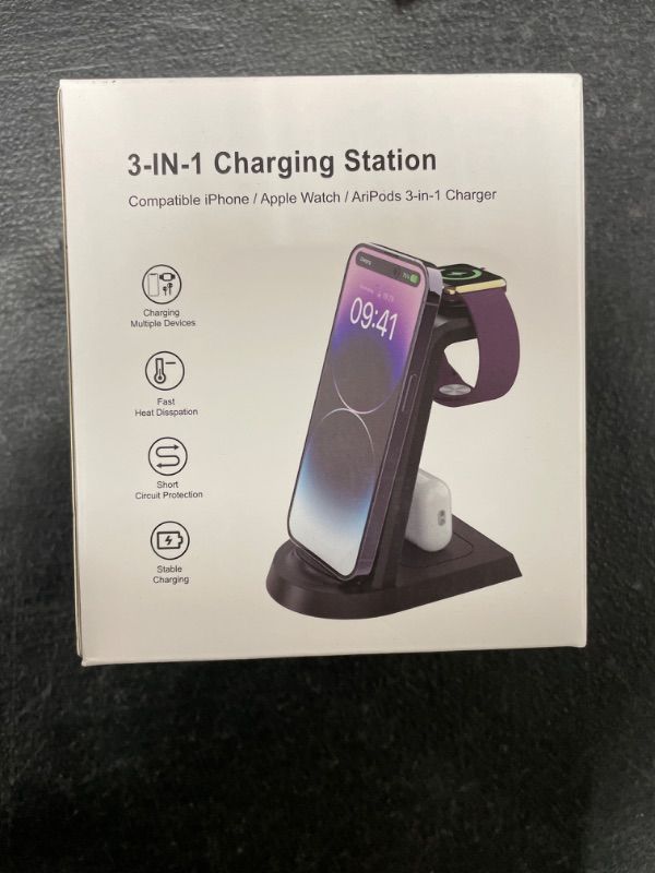 Photo 2 of Anirun Charging Station for Multiple Devices Apple, 3 in 1 Charging Station Apple for iPhone Series, Apple Watch Series and Airpods Charging, with 18W Adapter Black-New