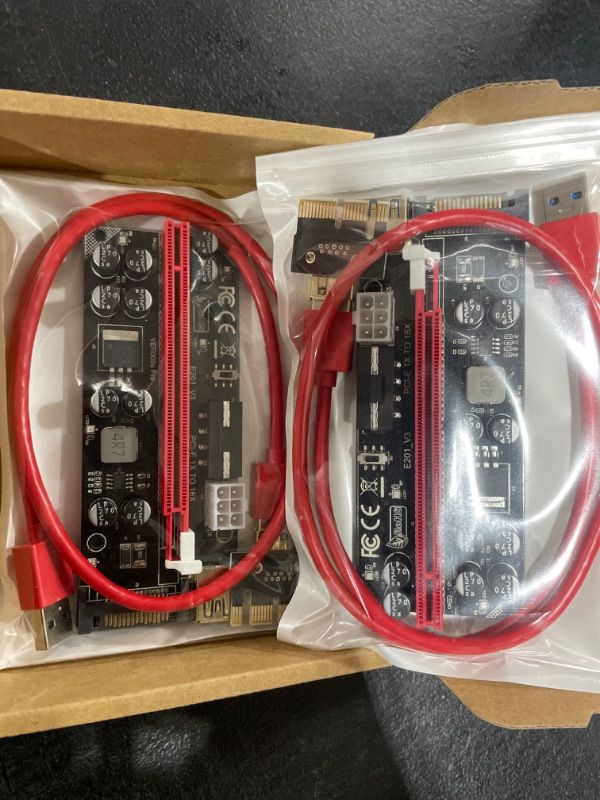 Photo 1 of 2 Pack PCIE Riser Adapter Card with 10 Capacitors, Express GPU Riser Mining 16x to 1x Graphics Extension Powered Card for GPU Ethereum Risers Mining with RGB LED Light & 60cm USB 3.0 Extension Cable 10 capacitors riser-2 pack-red