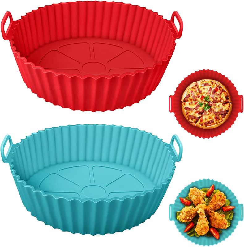 Photo 1 of 2 Pack Silicone Air Fryer Liners, 8 Inch Reusable Air Fryer Silicone Pot Round Air Fryer Silicone Basket for 3.5 to 7 QT for Baking Oven Microwave Accessories (Red+Blue)