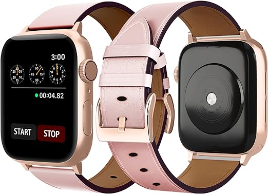 Photo 1 of MONDISOLT Leather Apple Watch Band 38mm 40mm 41mm 42mm 44mm 45mm 49mm Women Men, Genuine Leather Band Strap for iWatch Series 8,7,6,5,4,3,2,1, Ultra Sport SE F-Pink-Rose Gold 38mm/40mm/41mm