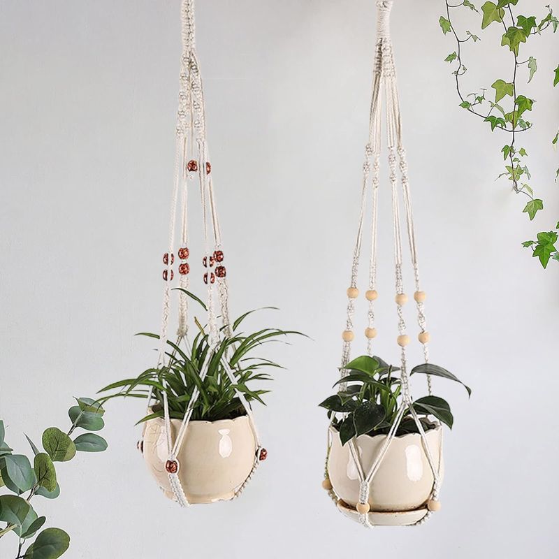 Photo 1 of 2Pcs Macrame Plant Hangers with 2 Hooks, Indoor Outdoor Handmade Cotton Rope Hanging Planters Set Flower Pot Hanger for Indoor Outdoor Boho Home Garden...
