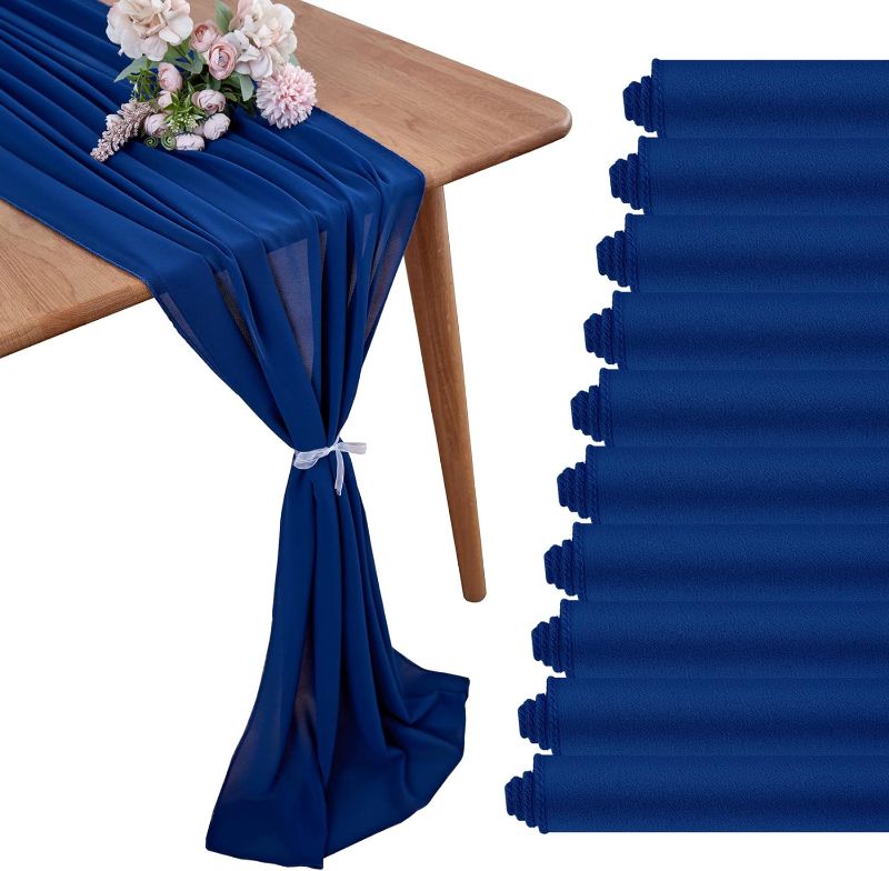 Photo 1 of  10 Pack Navy Blue Chiffon Table Runner 10Ft Sheer Wedding Table Runner 29x120 Inches Romantic Tulle Table Runner for Wedding Decor Birthday Party Bridal Baby Shower Table Decoration
